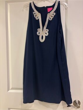 Like New Lilly Pulitzer Navy Sleeveless Dress with Silver & Gold V-Neck